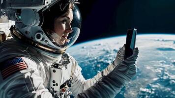 Female astronaut uses smartphone to take photos of Earth from space, highlighting the intersection of modern technology, space travel and the incredible view of our planet from orbit. video