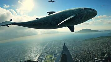 A large blue whale flies majestically over a coastal city in a surreal artistic vision. This unique concept blends marine wildlife and urban life, creating a fantasy world of imagination and contrast. video