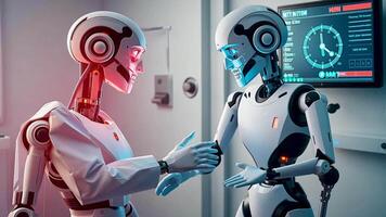 Advanced AI robots greet each other in a futuristic lab, innovation. This high-tech setting emphasizes robotics, and the progress of artificial intelligence in modern technology. video