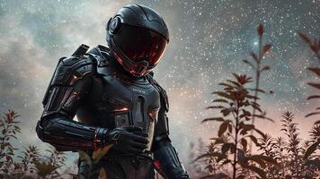 A futuristic space traveler in advanced armor explores an alien landscape under a brilliant starry sky. This sci-fi scene showcases the integration of cutting-edge technology and space exploration. video