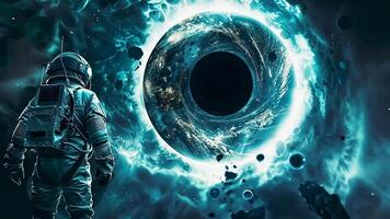 astronauta di fronte un' nero buco nel esterno spazio, circondato di cosmico forze e il incognite di il universo. un' drammatico fantascienza scena raffigurante spazio avventura, cosmico scienza, interstellare fenomeni. video