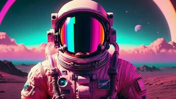An astronaut explores a pink planet with surreal pink clouds and a rainbow arching across the sky, creating a dreamlike, otherworldly landscape. A blend of sci-fi and fantasy in this space video