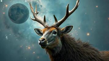 Majestic deer with antlers in a dreamlike space setting, featuring a cosmic background of galaxies and stars. A fantasy wildlife scene that merges nature and the surreal beauty of the universe. video