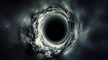 un asombroso negro agujero en profundo espacio, exhibiendo un cósmico vórtice con arremolinándose partículas y gravitacional jalar. el misterio y infinito profundidad de el universo. video
