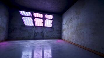 An enclosed room lit with bright pink LED lights on the ceiling, creating a tense and minimalist atmosphere with pink lights and concrete walls, perfect for an industrial or sci-fi theme design. video