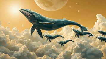 Whales soaring through a surreal yellow sky on an alien planet, creating a magical, dreamlike landscape where fantasy creatures float among the clouds in a cosmic, otherworldly world video