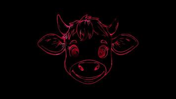 Neon frame effect, Cow smiling cow with big eyes and cute spots on black background video