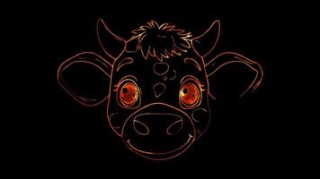 Neon frame effect, Cow smiling cow with big eyes and cute spots on black background video