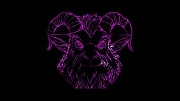 Neon frame effect, Goat curious goat with horns and a beard on black background video