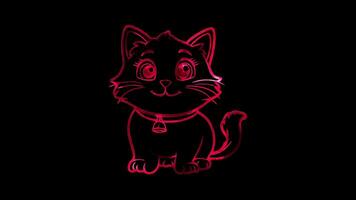 Neon frame effect, Cat playful cat with whiskers and a little bell collar on black background video