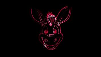 Neon frame effect, Donkey funny donkey with big ears and a cheeky grin on black background video