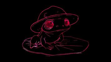 Neon frame effect, Frog cute frog wearing a straw hat, sitting on a lily pad on black background video