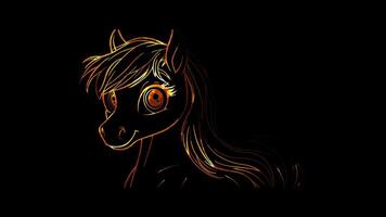 Neon frame effect, Pony small pony with a cute mane and sparkling eyes on black background video