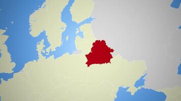 Zoom-in animation highlighting Belarus location in Europe world map 4K video