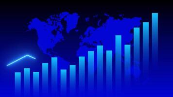 Rising bar chart on world map, symbolizing global financial growth. video