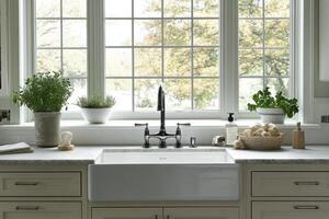 Bright kitchen sink with potted herbs by the window during a sunny afternoon photo