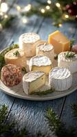 Assorted gourmet cheeses displayed elegantly on a rustic wooden platter with fresh berries photo