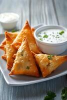 Delicious golden samosas served with a creamy dipping sauce on a rustic plate photo