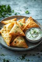 Delicious golden samosas served with a creamy dipping sauce on a rustic plate photo