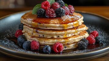 Delicious stack of fluffy pancakes topped with fresh blueberries and syrup served on a blue plate photo