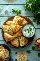 Delicious golden samosas served with a creamy dipping sauce on a rustic plate photo