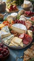 Assorted gourmet cheeses displayed elegantly on a rustic wooden platter with fresh berries photo