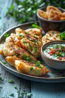 Delicious golden samosas served with a creamy dipping sauce on a rustic plate photo