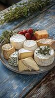 Assorted gourmet cheeses displayed elegantly on a rustic wooden platter with fresh berries photo
