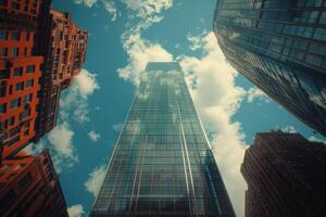 Tall modern skyscraper reflecting clouds in the bright daylight sky in an urban setting photo