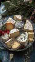 Assorted gourmet cheeses displayed elegantly on a rustic wooden platter with fresh berries photo