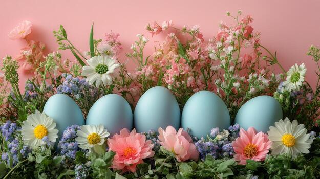 decorativo azul huevos arreglado en un floral monitor presentando un variedad de primavera flores y verdor foto