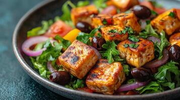Fresh salad with grilled tofu, olives, tomatoes, and greens served in a dark bowl photo