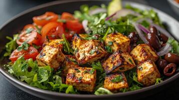 Fresh salad with grilled tofu, olives, tomatoes, and greens served in a dark bowl photo