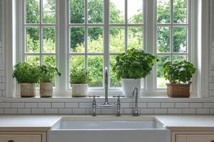 Bright kitchen sink with potted herbs by the window during a sunny afternoon photo