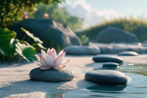 A serene lotus flower blooms beside tranquil stones near a calm waterway during daylight hours photo