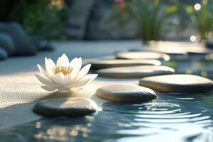 A serene lotus flower blooms beside tranquil stones near a calm waterway during daylight hours photo