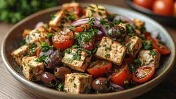 Fresh salad with grilled tofu, olives, tomatoes, and greens served in a dark bowl photo