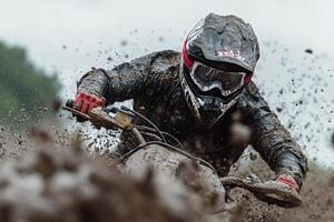 Motocross rider navigating a muddy track during an overcast day in an off road competition photo