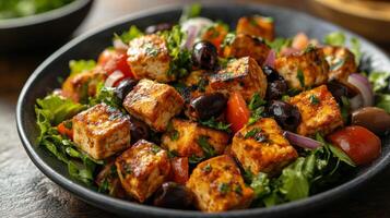 Fresh salad with grilled tofu, olives, tomatoes, and greens served in a dark bowl photo