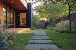 Modern house design with large windows and landscaped garden during twilight in suburban area photo