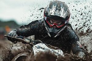Motocross rider navigating a muddy track during an overcast day in an off road competition photo