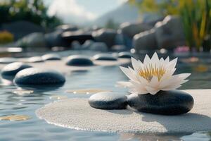 A serene lotus flower blooms beside tranquil stones near a calm waterway during daylight hours photo