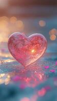 A glowing pink heart shaped decoration surrounded by ice crystals on a frosty surface at twilight photo