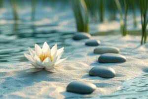 A serene lotus flower blooms beside tranquil stones near a calm waterway during daylight hours photo
