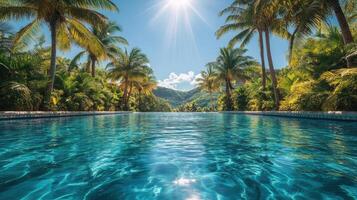 Tranquil swimming pool surrounded by lush greenery in a tropical paradise on a sunny day photo