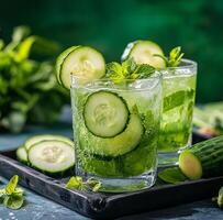 Refreshing cucumber mint drinks served with sliced cucumbers on a wooden tray in natural light photo