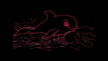 Neon frame effect, Dolphin smiling dolphin with big eyes and playful waves around it on black background video