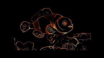 Neon frame effect, Clownfish playful smile on black background video