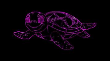Neon frame effect, Sea Turtle turtle with a happy face and a patterned shell on black background video