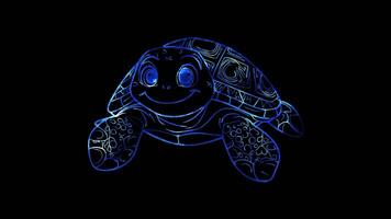 Neon frame effect, Sea Turtle turtle with a happy face and a patterned shell on black background video